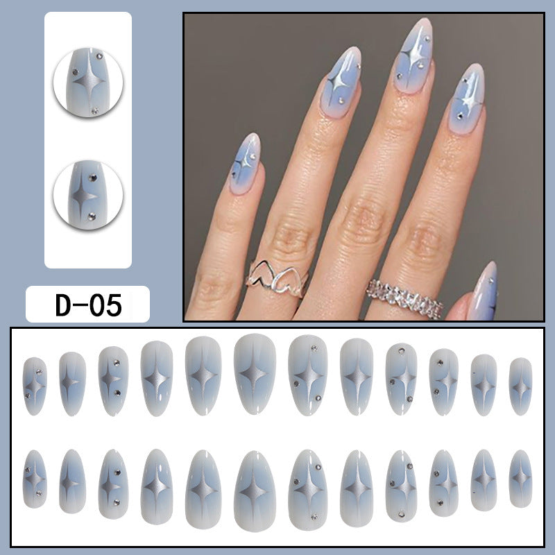 Blue Blooming Almond Wear Tip Fake Nail Art