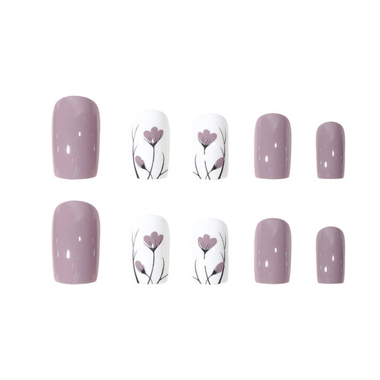 Faux ongles amovibles en forme de petites fleurs de taro violet