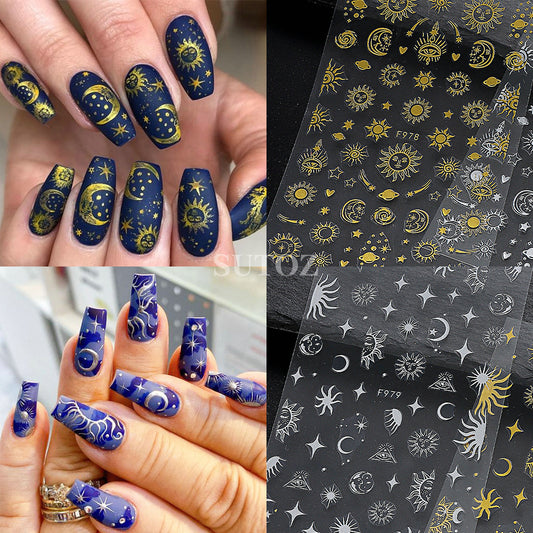 Gold Sier Sun Four Awn Star Moon Nail Stickers