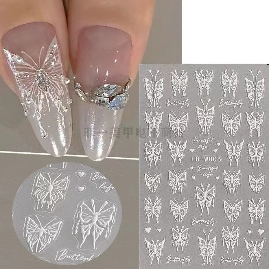 Liquid Butterfly Relief Three-dimensional White Small Nail Stickers