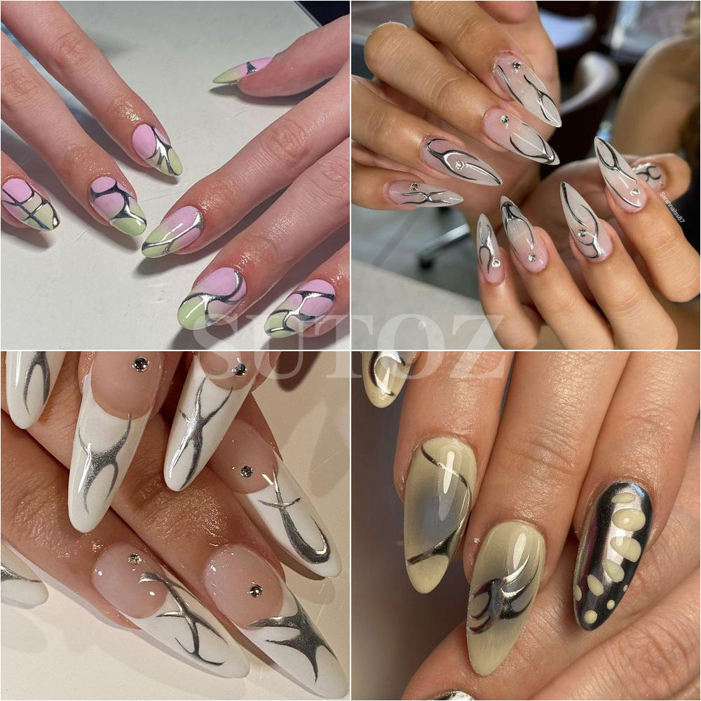 Gold Sier Rose Fishbone Line Back Nail Stickers