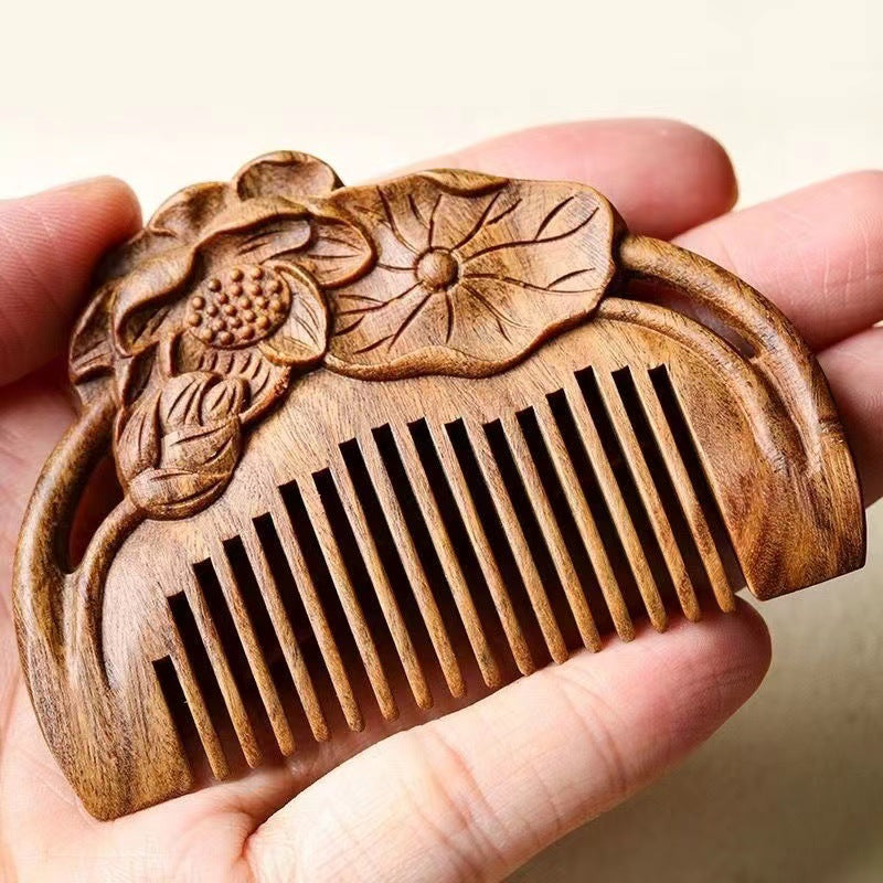 Brosses et peignes à cheveux en bois de santal vert style rétro sculpté en forme de lotus