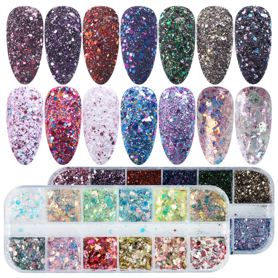 Poudre scintillante variée chaude en boîte, soin des ongles irrégulier en forme de papillon et de cœur, nail art