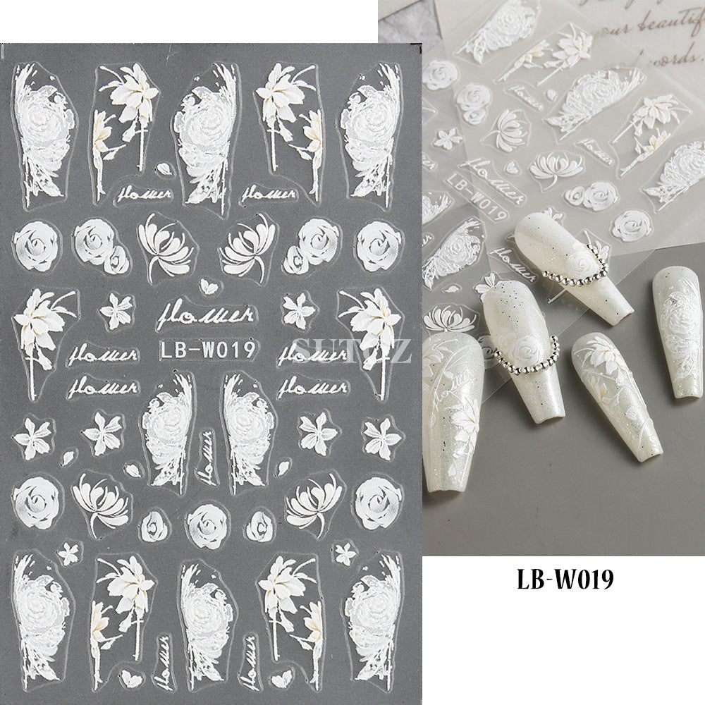 Popular Cool White Moonlight Rose Butterfly Nail Stickers