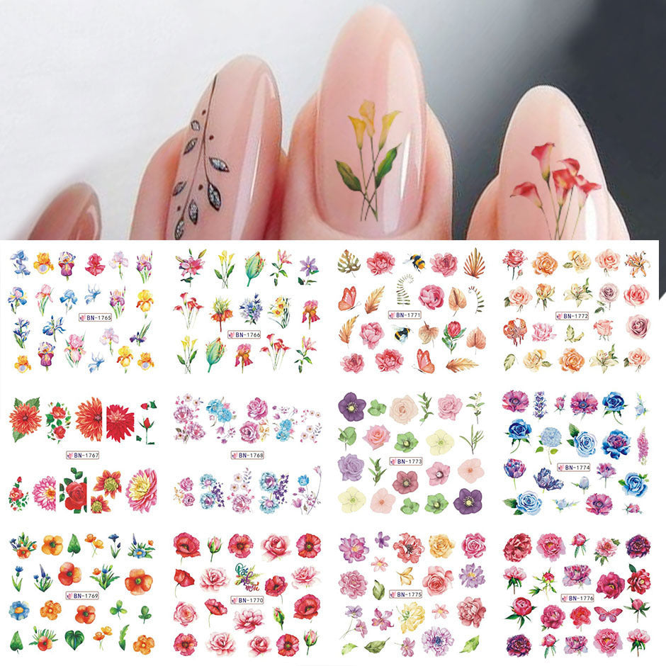 Autocollants pour ongles en filigrane avec fleurs fraîches, feuilles en fleurs