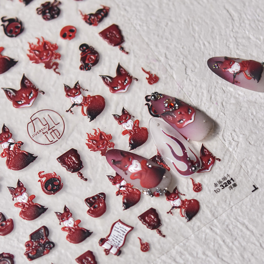 Embossed Cute The Red Fox Smoking Nail Stickers