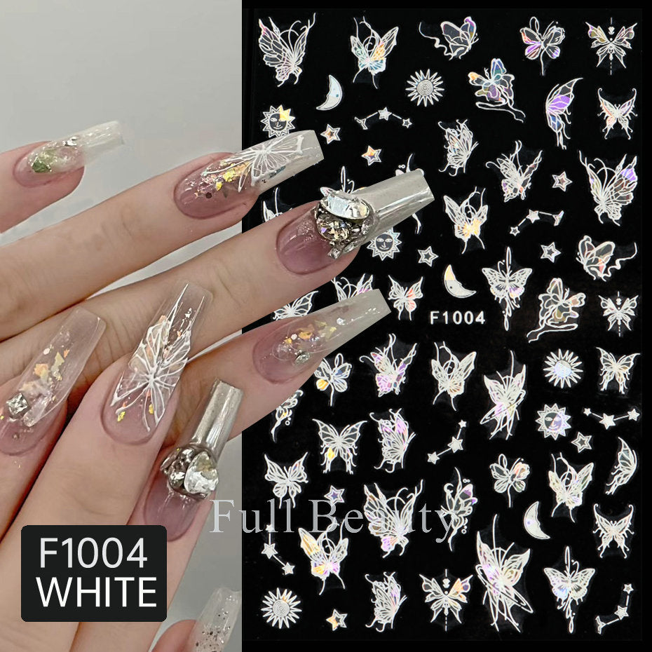 Fashion Laser Butterfly Hollow White Adhesive Nail Stickers