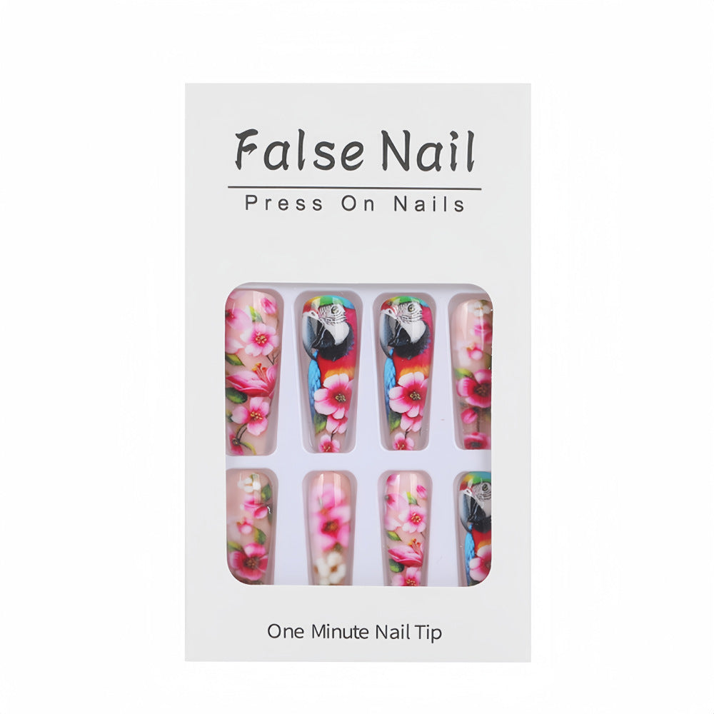 Nail art à motif de perroquet et d'étamines de fleurs de style chinois