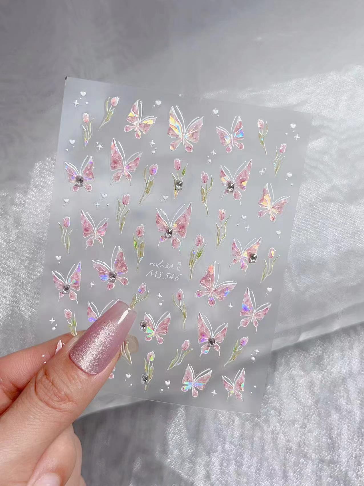 Flower Butterfly Embossed Shell Light Bright Nail Stickers