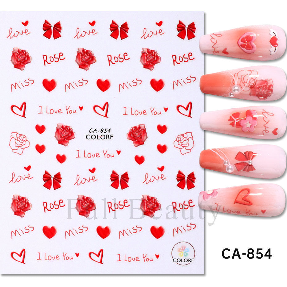 Autocollants pour ongles avec lettres d'amour et nœud rose pour la Saint-Valentin