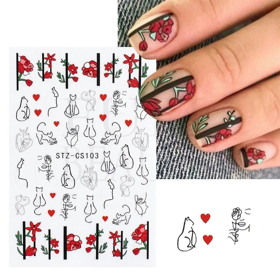 Fresh Flowers Plants Natural Butterfly Lines Facial Nail Stickers