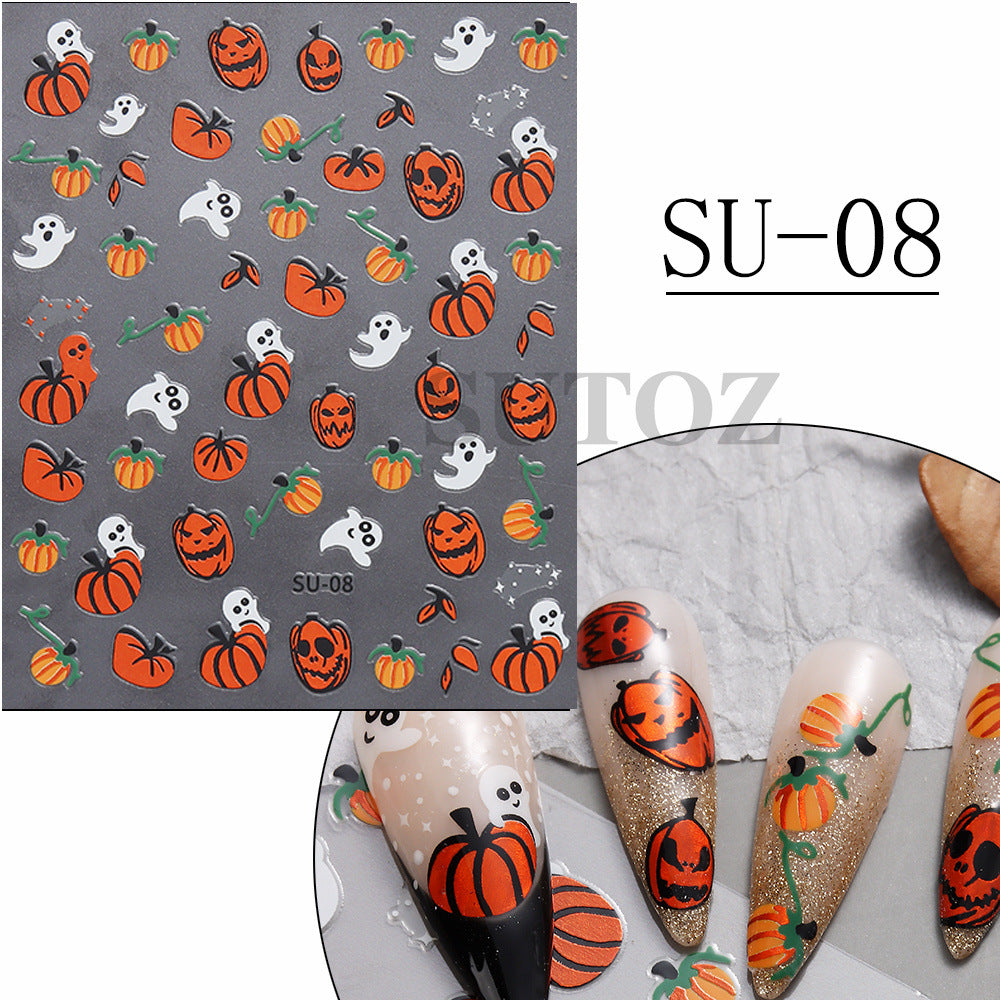 Hot Orange Pumpkin Black Spider Ghost Nail Stickers