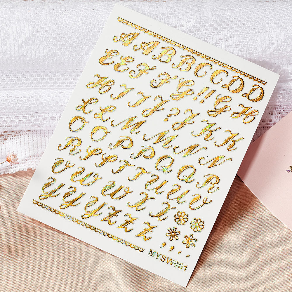 Oversized Letter Laser Gold Sier Colored Nail Stickers