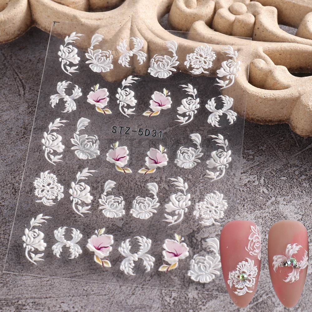 Three-dimensional Carved Hollow White Bride Lace Nail Stickers