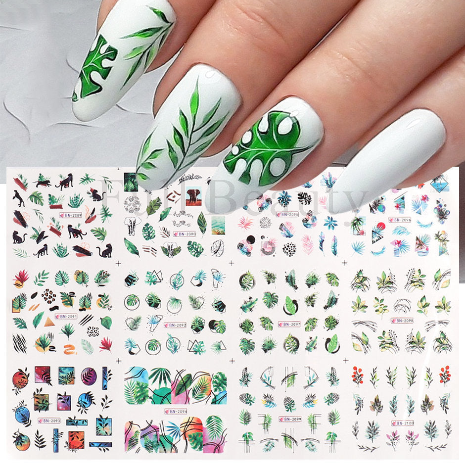 Autocollants pour ongles en filigrane avec fleurs fraîches, feuilles en fleurs