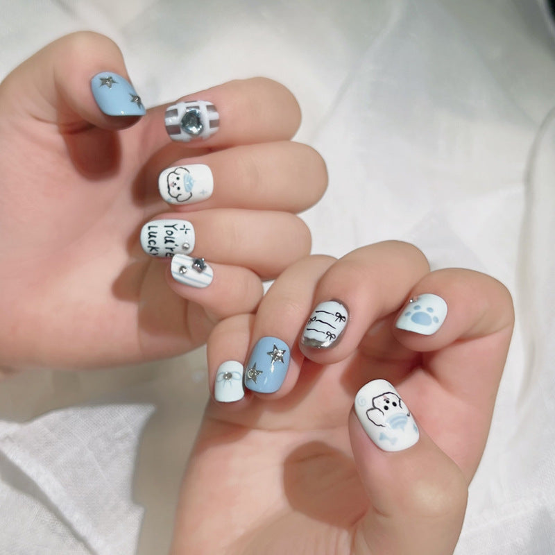 Blue White Color Jumping Hand Painted Iti Puppy Nail Stickers