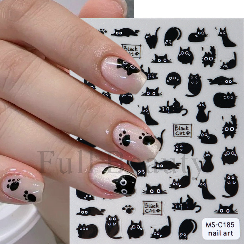 Autocollants pour ongles mignons avec chat noir et chien blanc