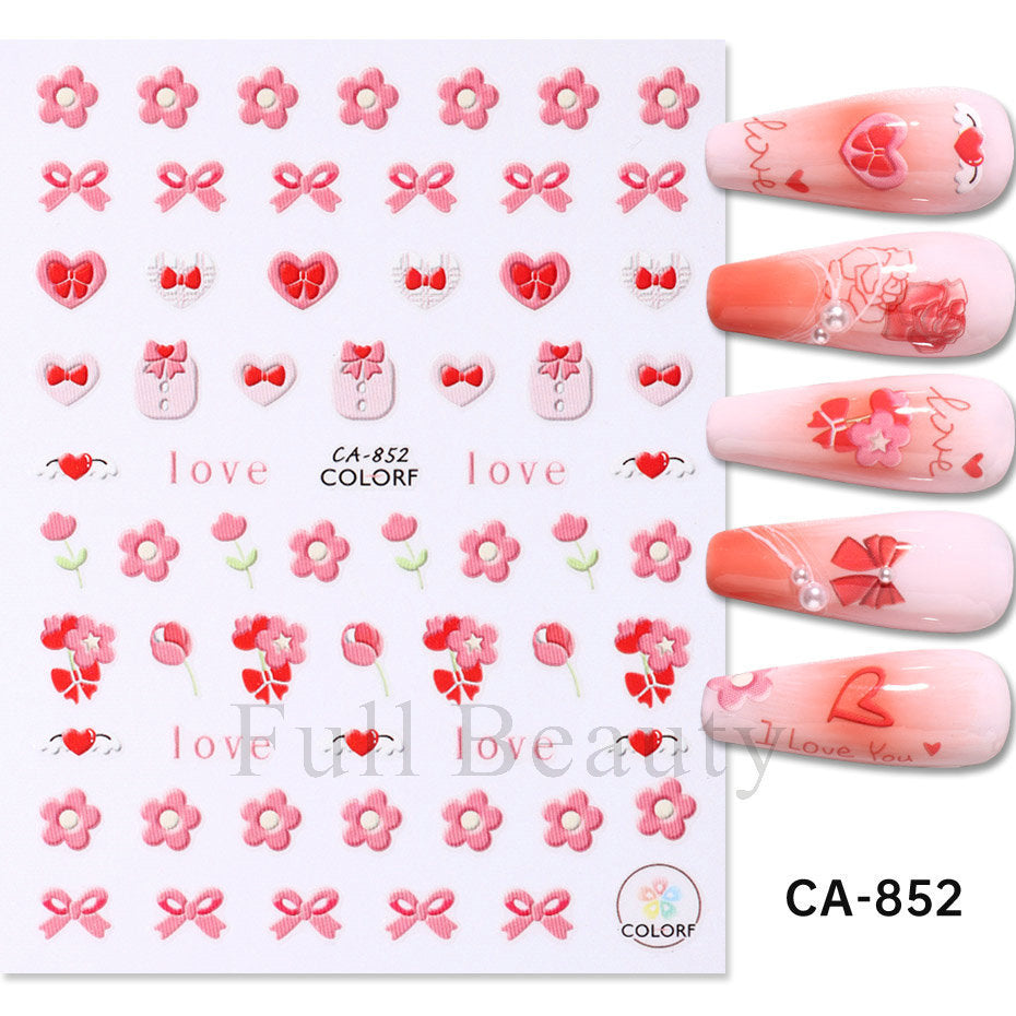 Autocollants pour ongles avec lettres d'amour et nœud rose pour la Saint-Valentin