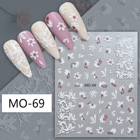 Relief Flower Three-dimensional White Freehand Sketching Nail Stickers