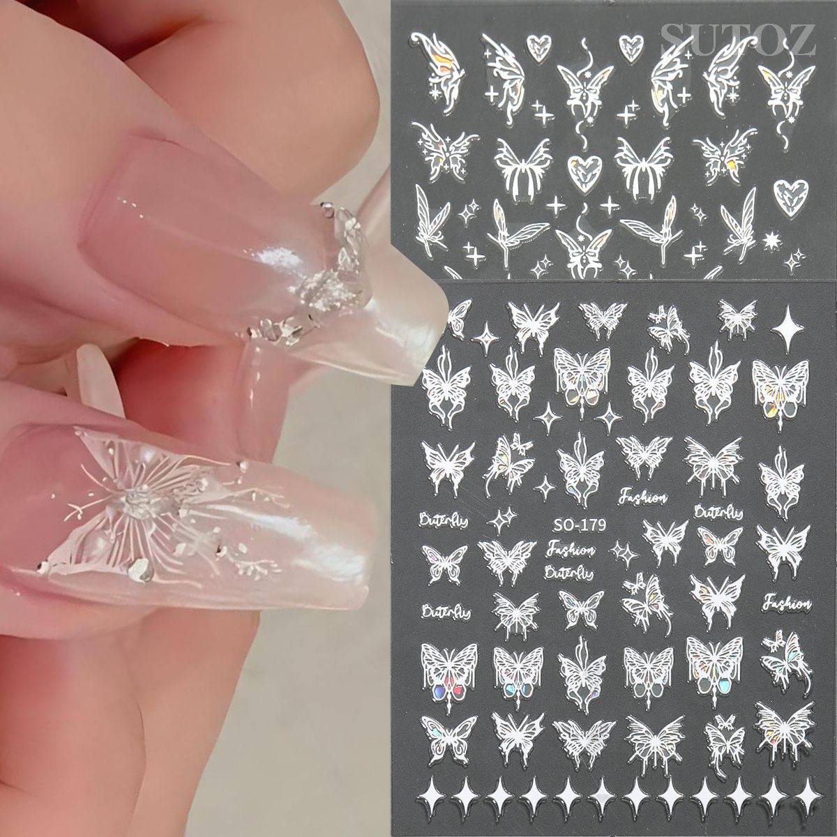 Nail art cool avec papillon en coquillage noir et blanc