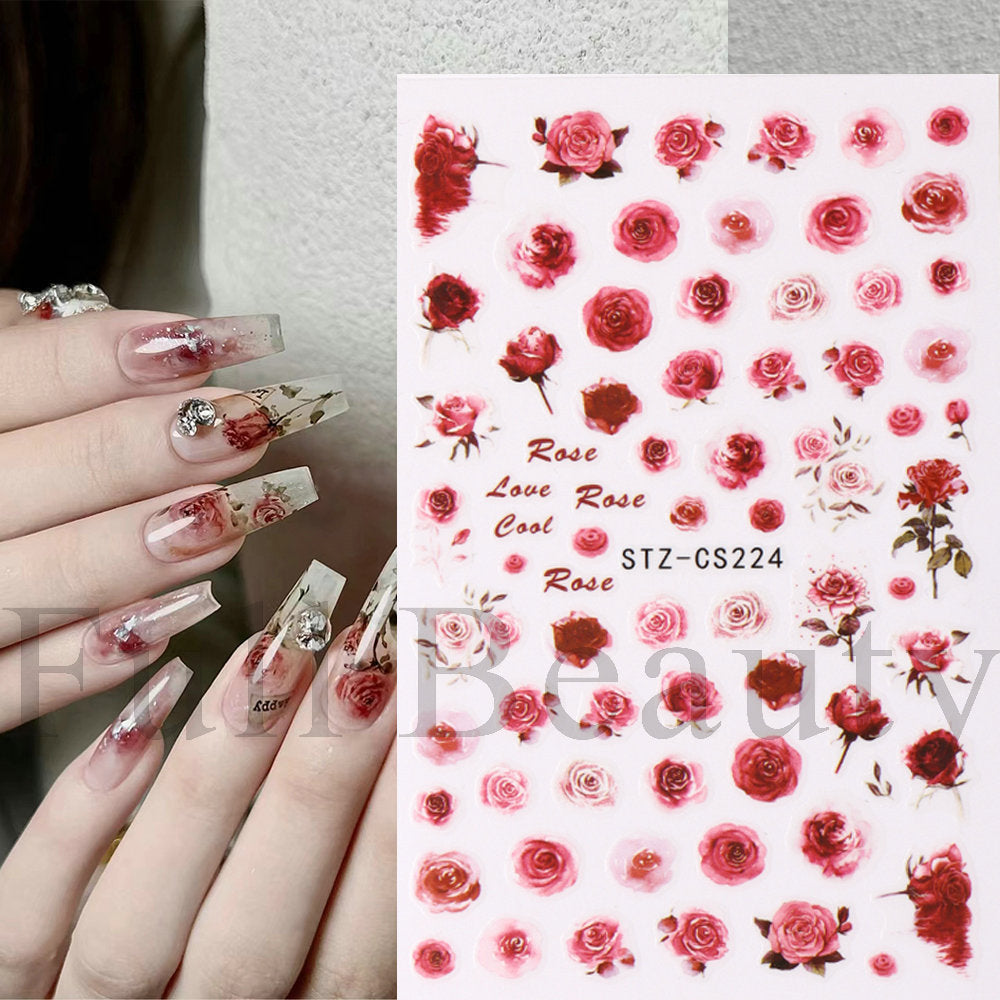 Red Rose Smudges Back Glue Flower Nail Stickers