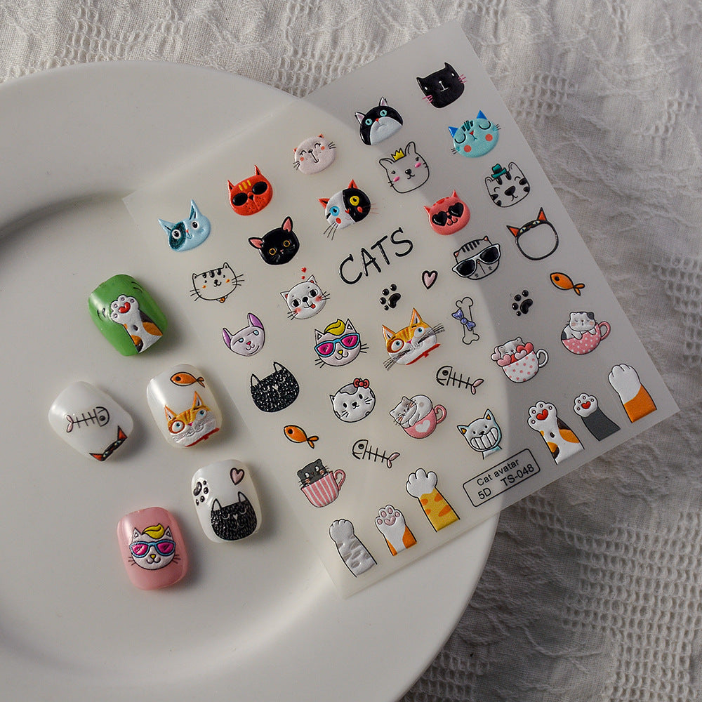 Embossed Cute Little Black Cat Wear Nail Stickers