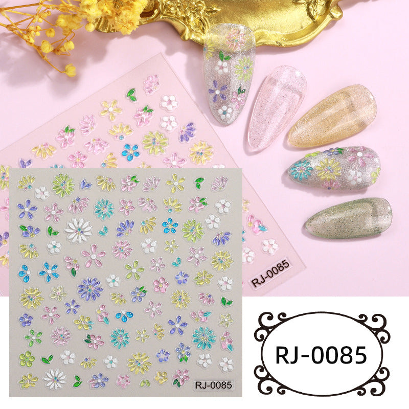 Autocollants pour ongles à colle souple en relief avec motif de fleurs fraîches d'été