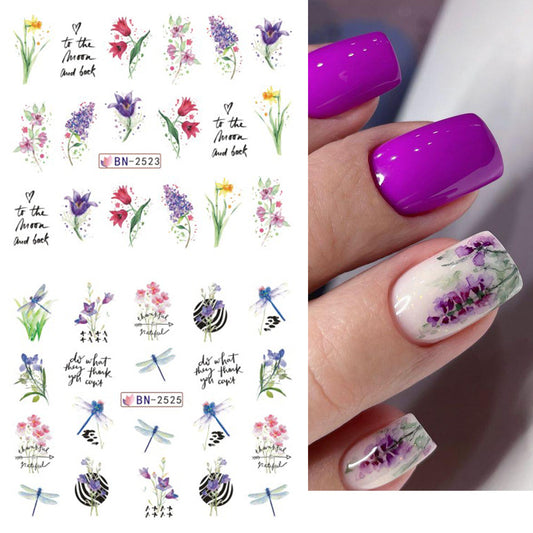 Flow Large Flowers Feather Butterfly Water Nail Stickers