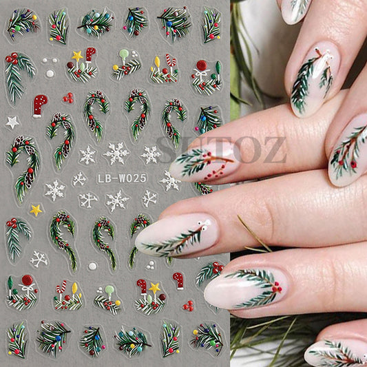 Autocollants pour micro-ongles motif arbre d'hiver, élan, feuille verte