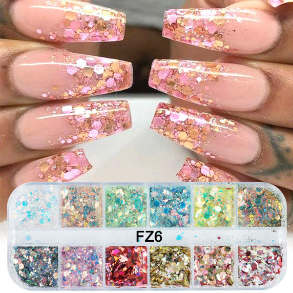 Poudre scintillante variée chaude en boîte, soin des ongles irrégulier en forme de papillon et de cœur, nail art