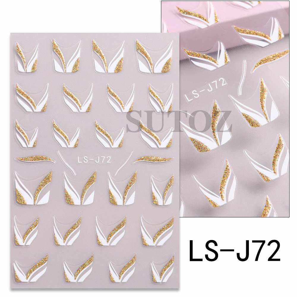 French Glitter Line Feather Back Glue Nail Stickers