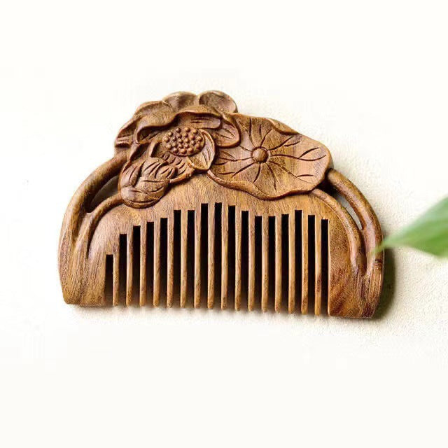 Brosses et peignes à cheveux en bois de santal vert style rétro sculpté en forme de lotus