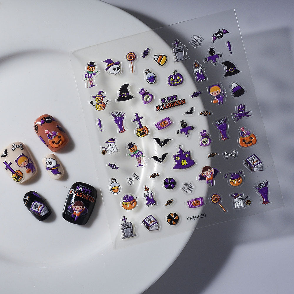 Halloween Series Embossed Pumpkin Bat Holiday Nail Stickers