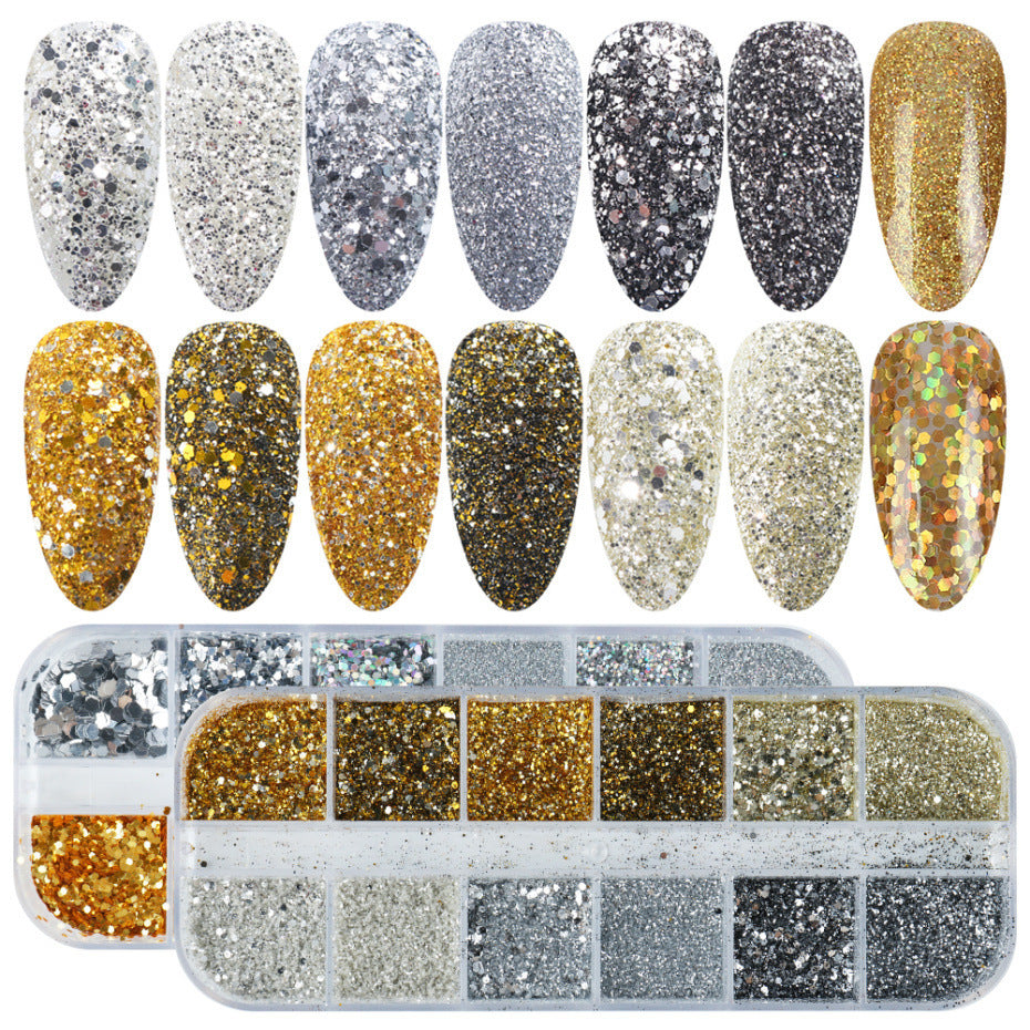 Poudre scintillante variée chaude en boîte, soin des ongles irrégulier en forme de papillon et de cœur, nail art