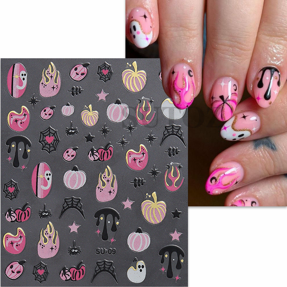 Hot Orange Pumpkin Black Spider Ghost Nail Stickers