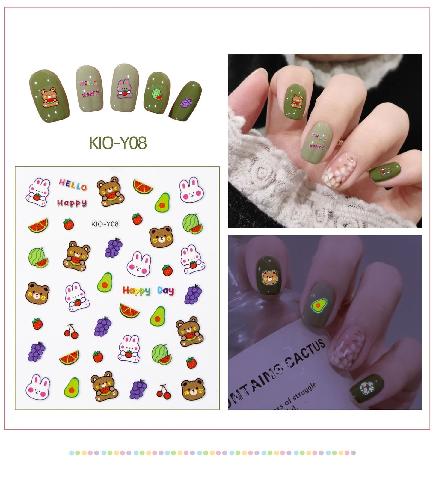 Luminous Strawberry Bear Cartoon Animal Dinosaur Glowing Nail Stickers