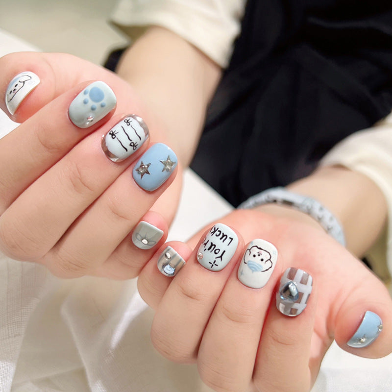 Blue White Color Jumping Hand Painted Iti Puppy Nail Stickers