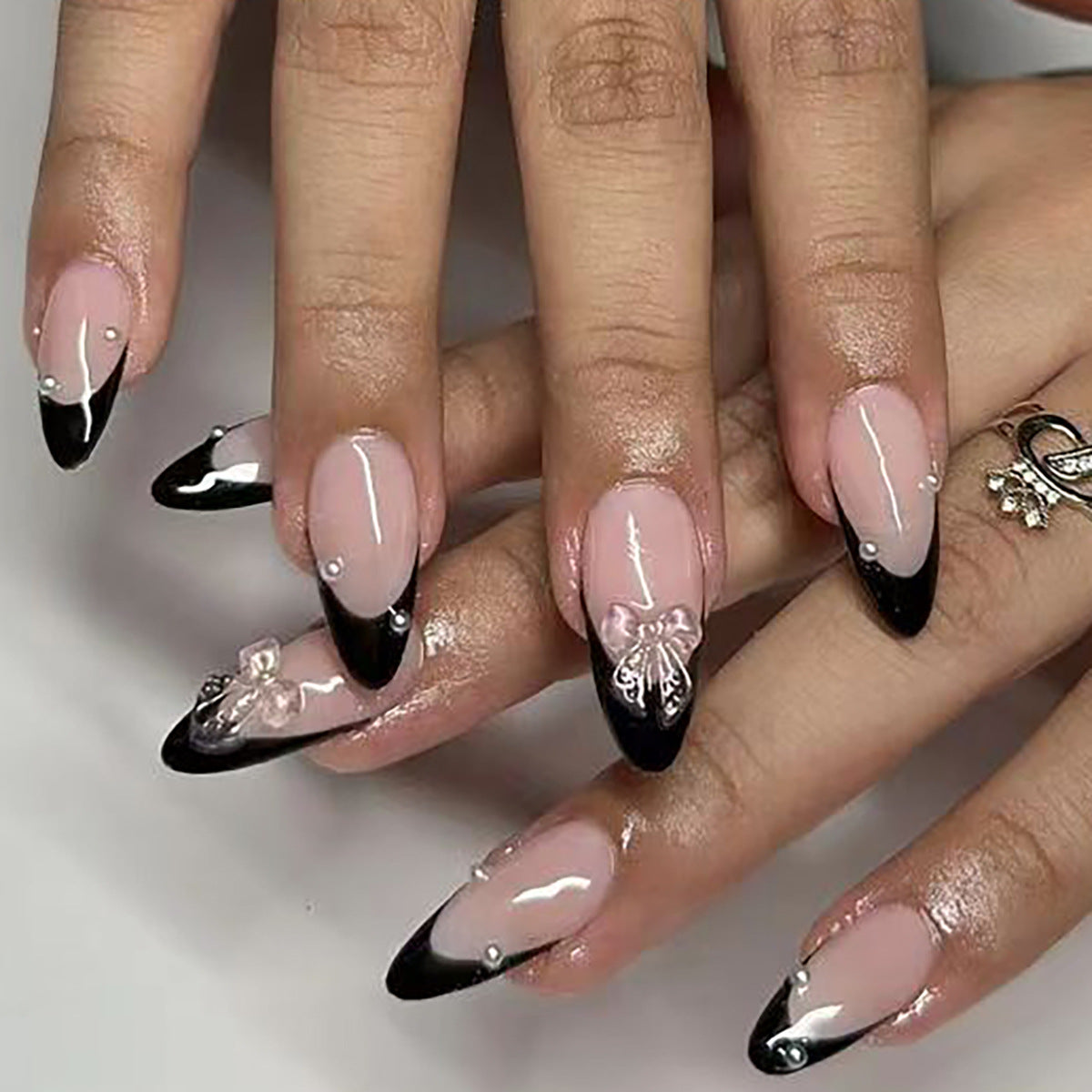 Almond Black French Edge Diamond Butterfly In Nail Art