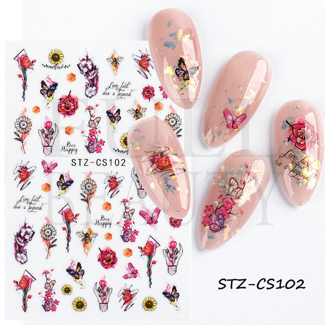 Fresh Flowers Plants Natural Butterfly Lines Facial Nail Stickers