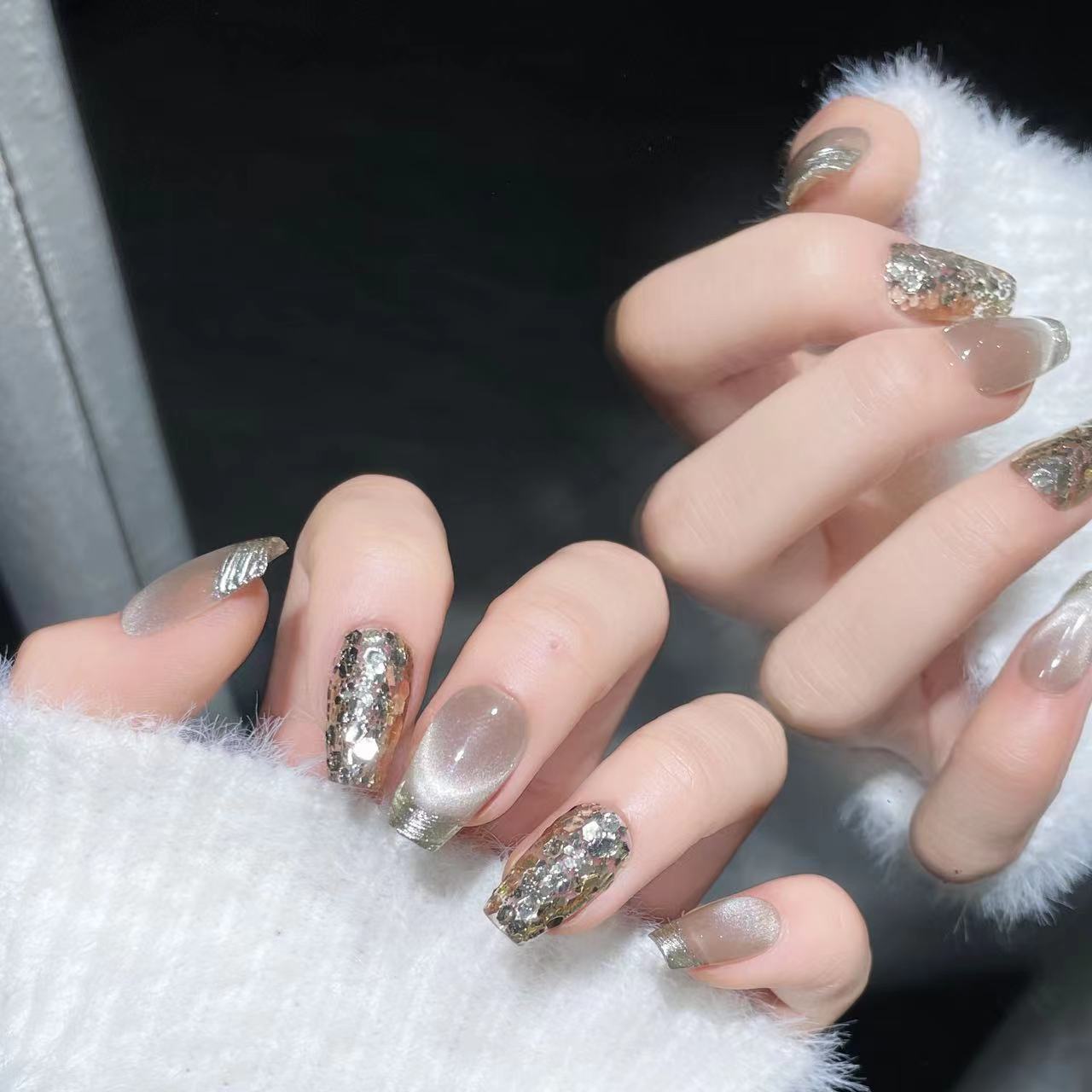 Handmade Wear White Milky Champagne Gold Nail Stickers