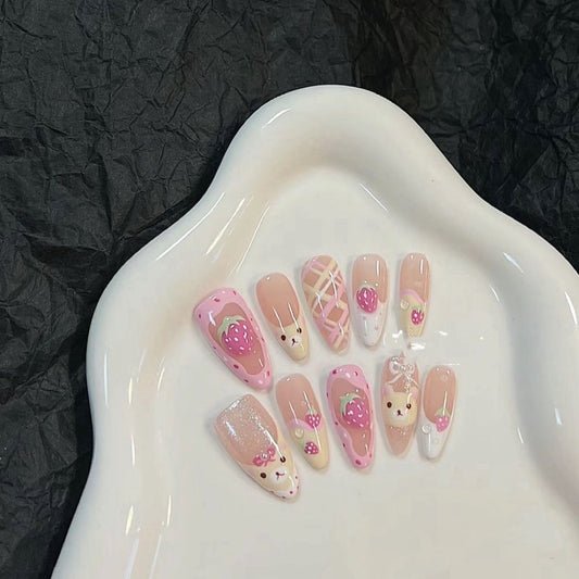 Strawberry Pine Bear Cartoon Pink Cute Mid-length Nail Stickers