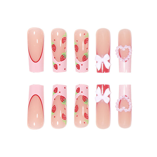 Nail Art Jour Rose Pêche Coeur Noeud Fraise Longue Pipe à Eau