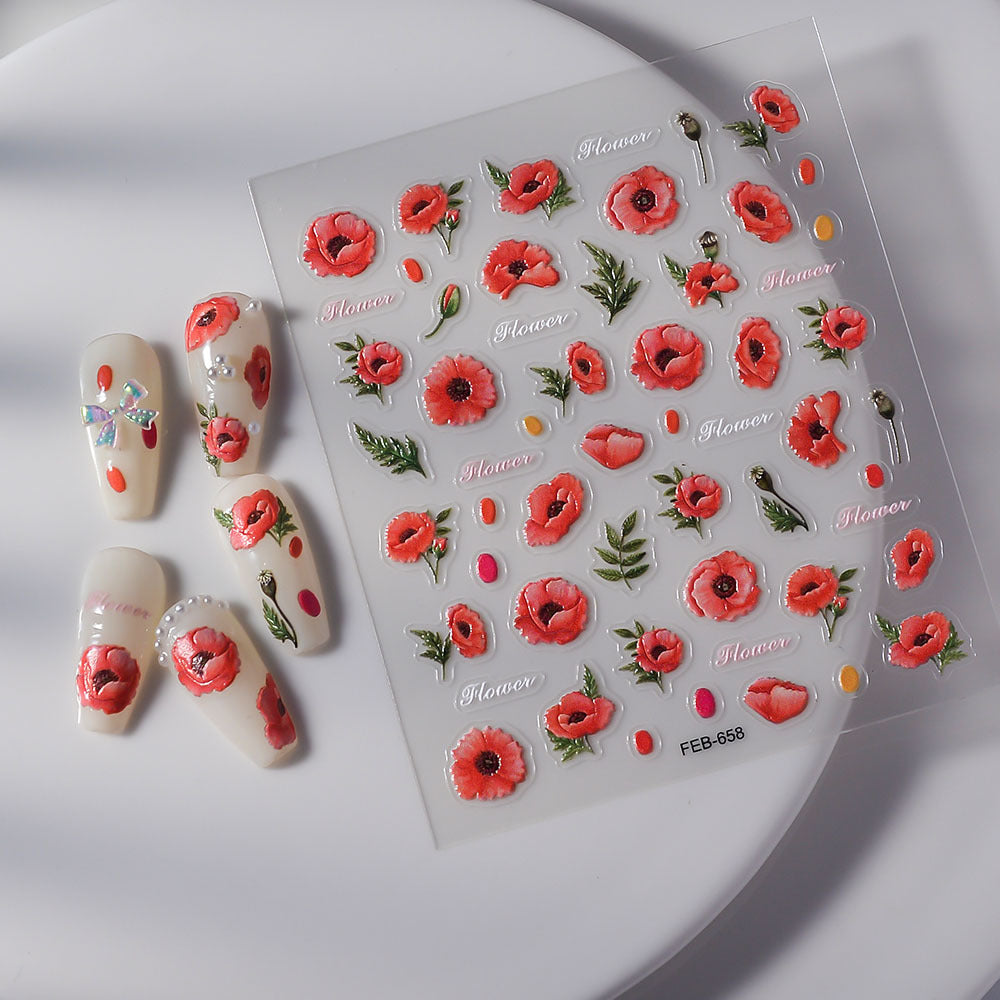 Elegant White Embossed Flower Clear Vigorous Nail Stickers