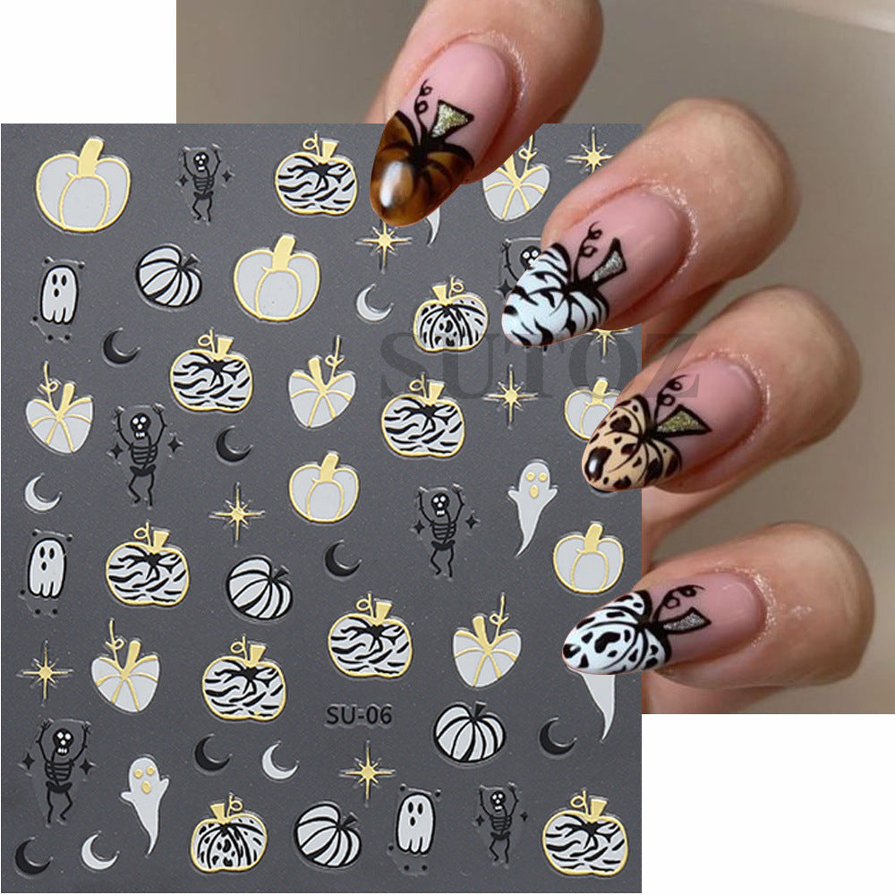 Hot Orange Pumpkin Black Spider Ghost Nail Stickers