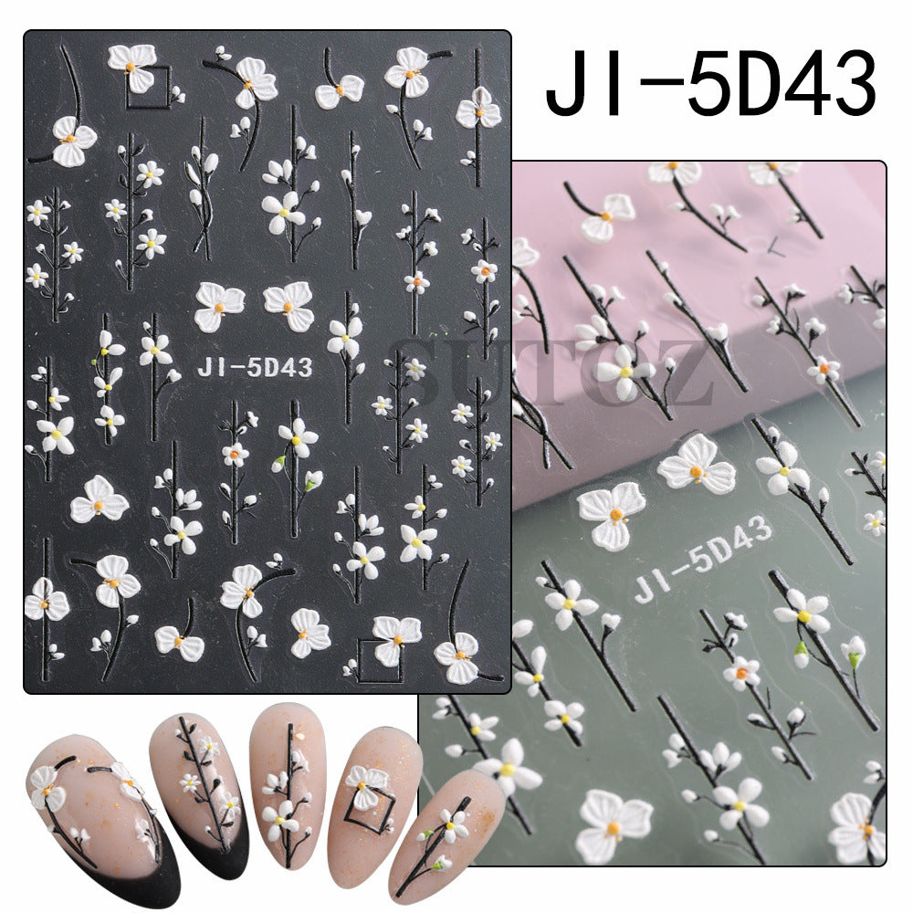 Embossed Style Simple White Flower Penh Nail Stickers