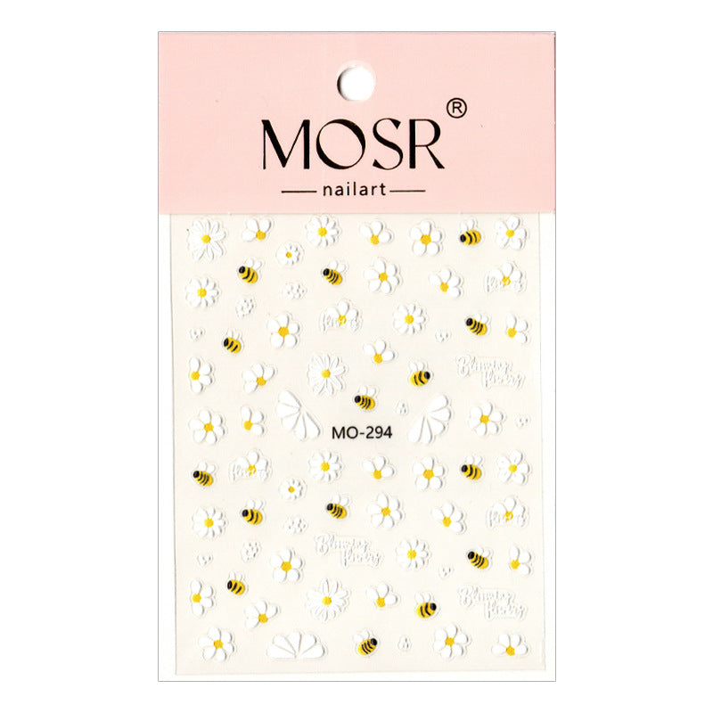 Daisy Bee Flower Embossed Decals White Yellow Nail Stickers