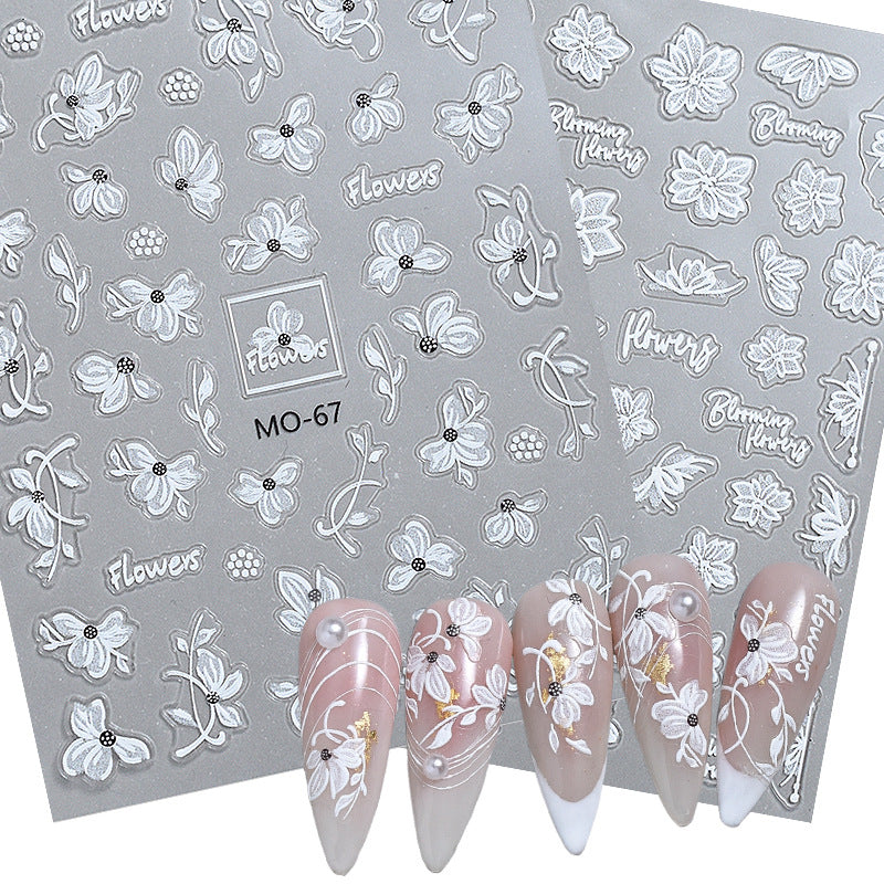 Relief Flower Three-dimensional White Freehand Sketching Nail Stickers