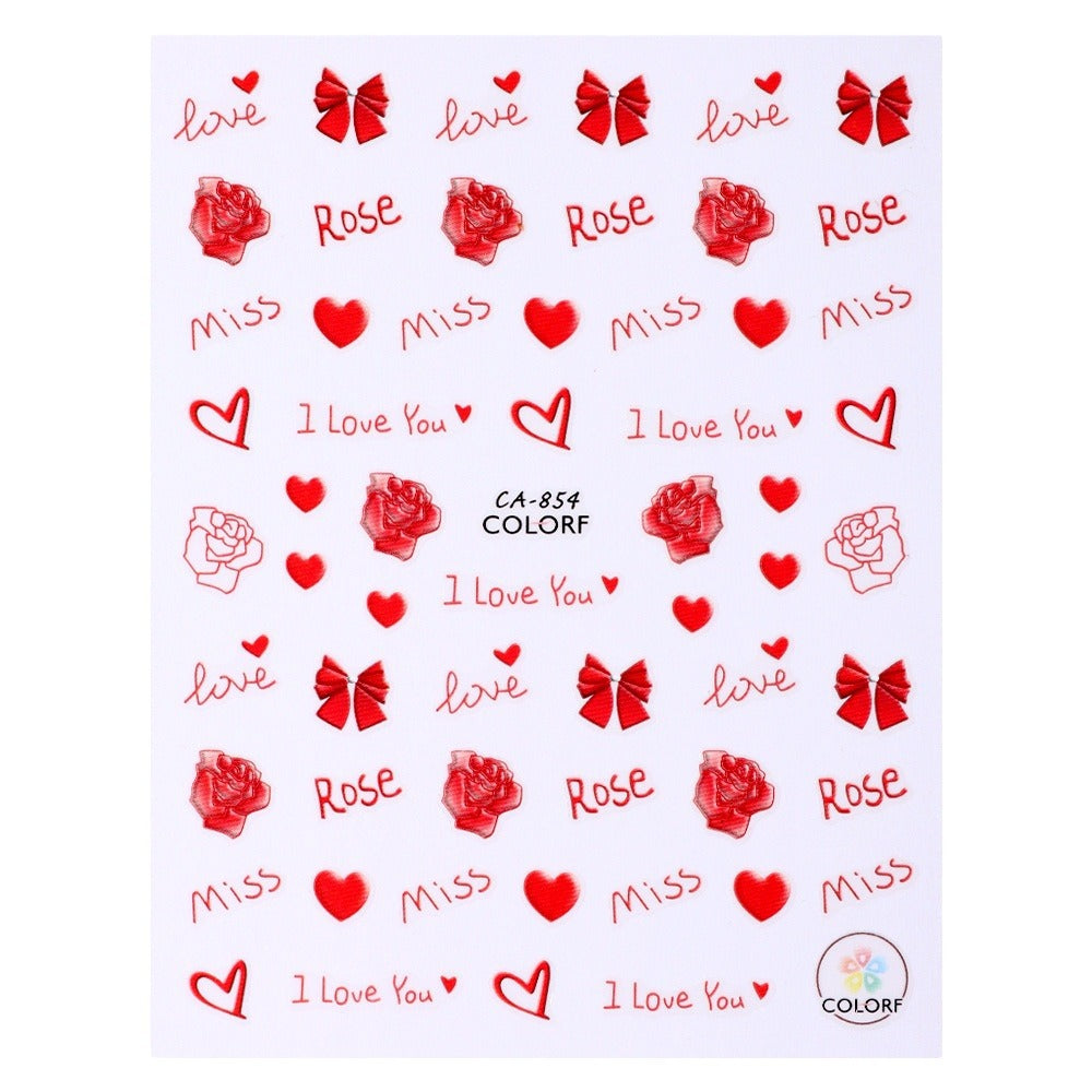 Autocollants pour ongles avec lettres d'amour et nœud rose pour la Saint-Valentin