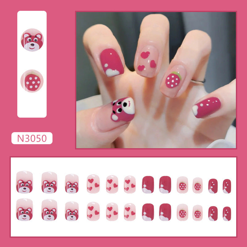 Little Bear Strawberry Wear Short Fake Nail Art