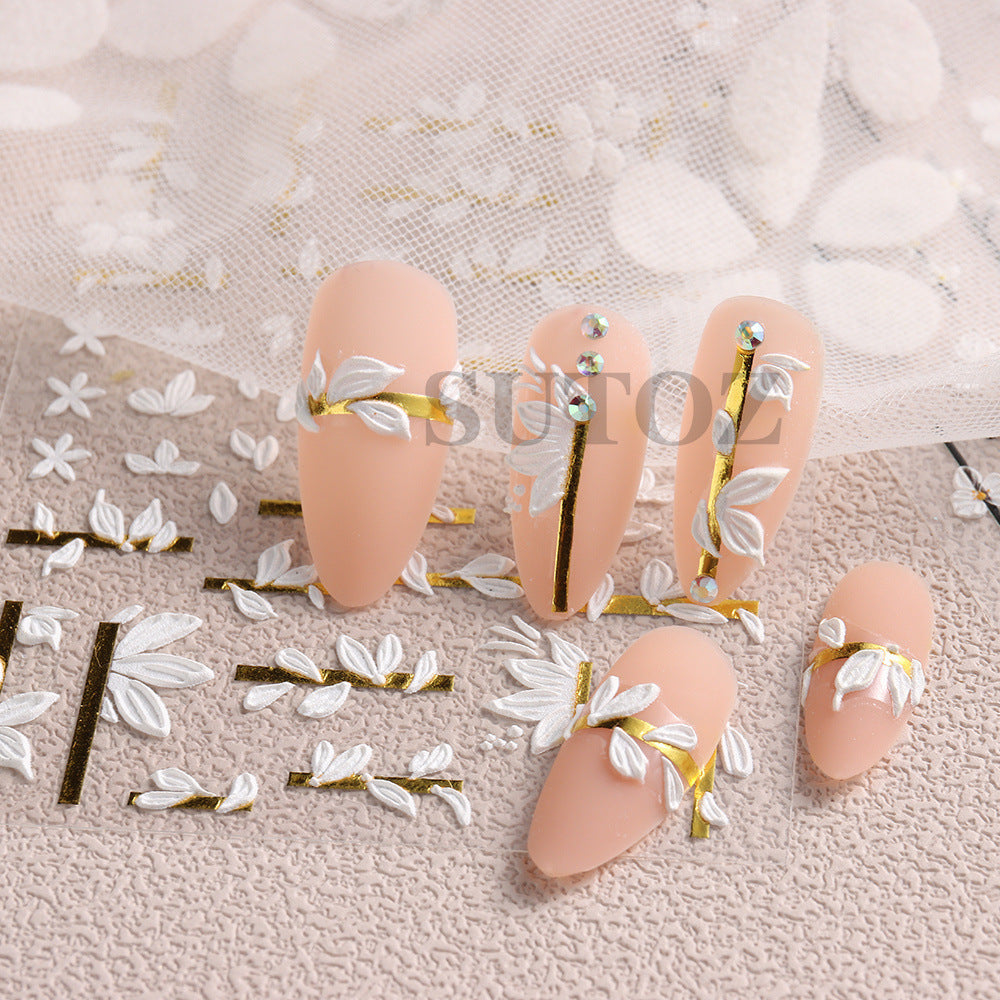 Embossed Style Simple White Flower Penh Nail Stickers